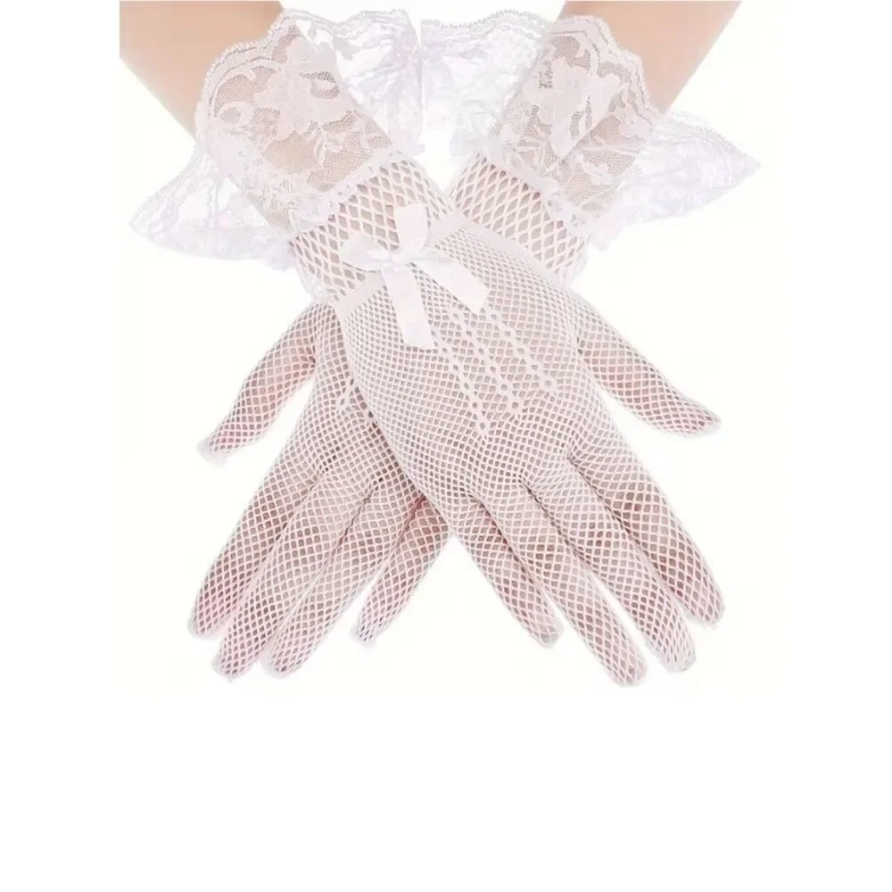 NWT White Mesh Ribbon Bow Gloves Victorian Sweet Lolita Cottagecore Sheer